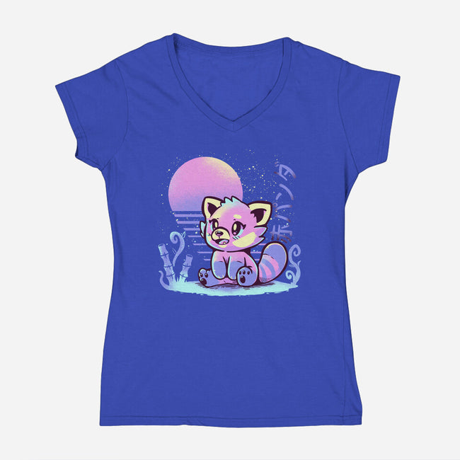 Retrowave Red Panda-womens v-neck tee-TechraNova