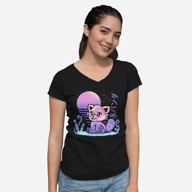 Retrowave Red Panda-womens v-neck tee-TechraNova
