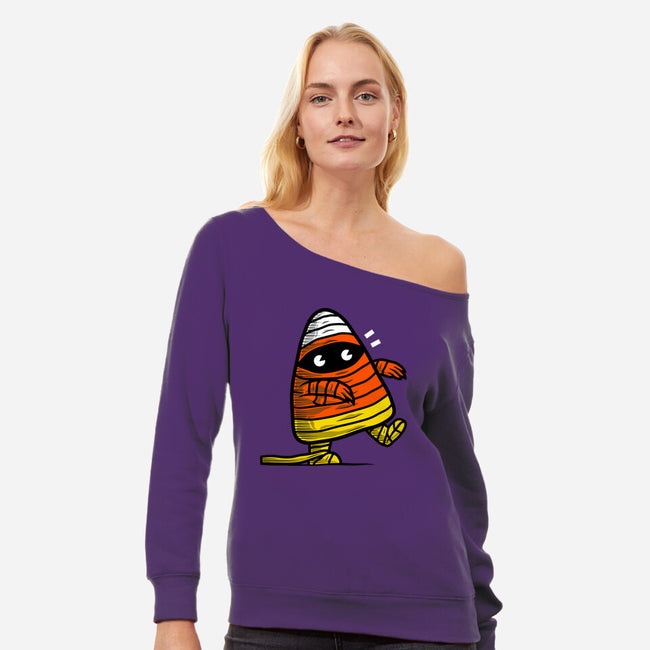 Candy Corn Mummy-womens off shoulder sweatshirt-krisren28