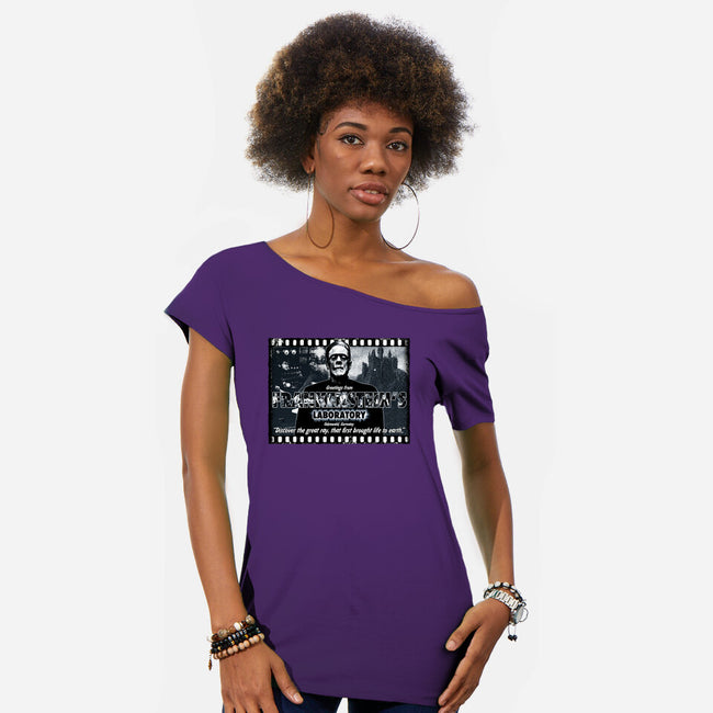 Greetings From Frank's Lab-womens off shoulder tee-goodidearyan
