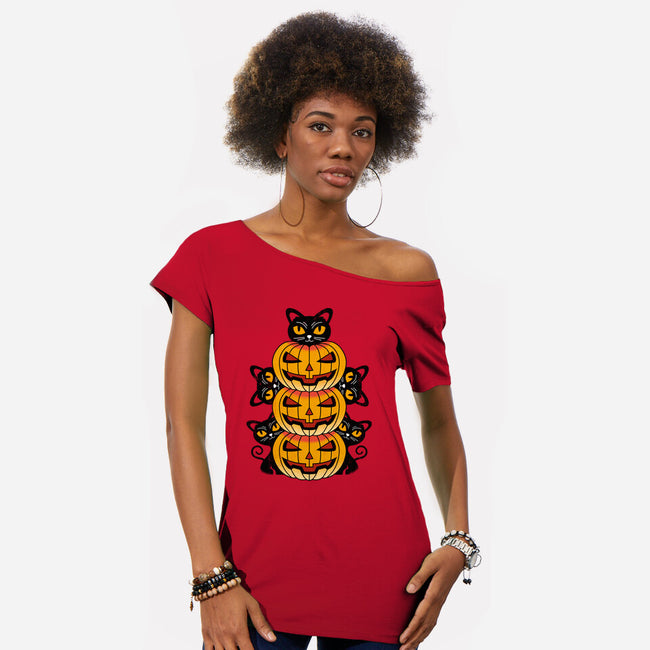 Cats And Pumpkins-womens off shoulder tee-Logozaste