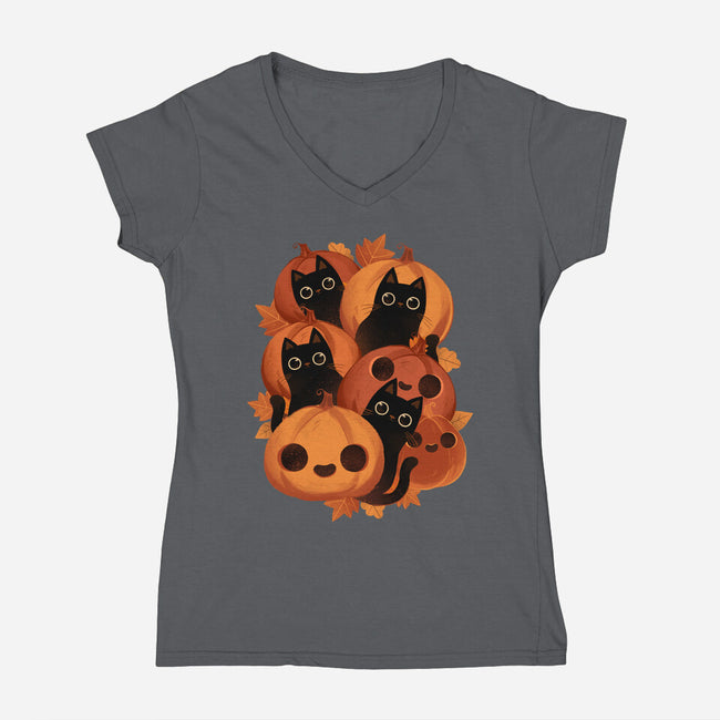 Pumpkins And Black Cats-womens v-neck tee-ricolaa