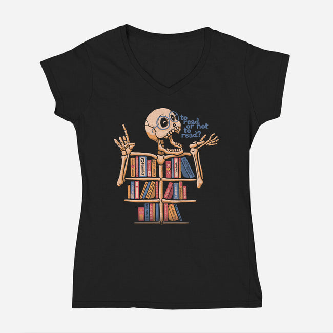 Skeleton Book Shelf-womens v-neck tee-tobefonseca