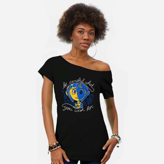 Careful Wish-womens off shoulder tee-Plastic Dino