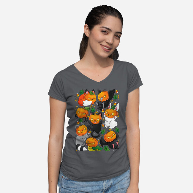 Pumpkin Animals-womens v-neck tee-Vallina84