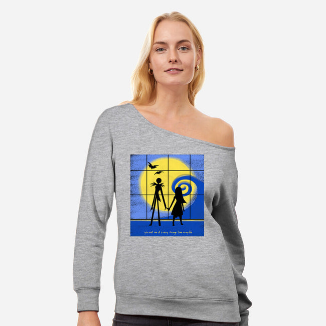 Strange Time-womens off shoulder sweatshirt-Plastic Dino