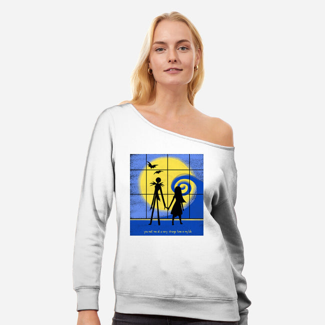 Strange Time-womens off shoulder sweatshirt-Plastic Dino