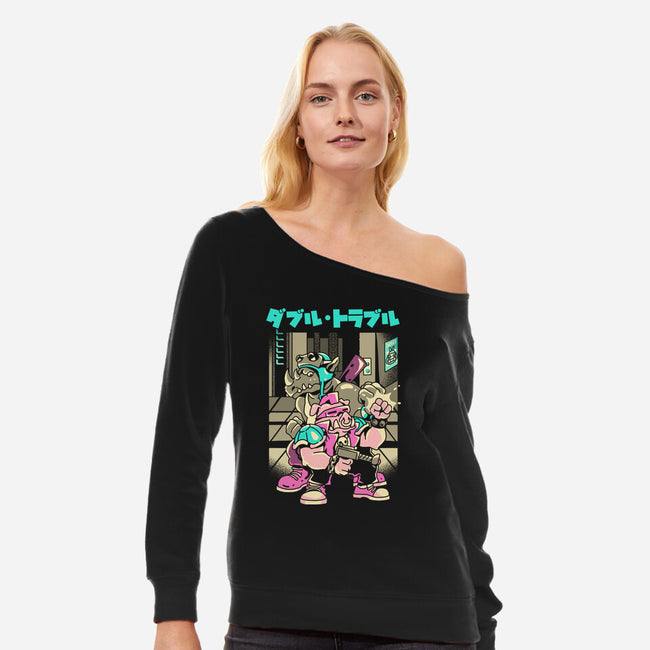 Trouble In Double-womens off shoulder sweatshirt-Sketchdemao