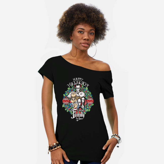 Greetings From The Addams-womens off shoulder tee-turborat14
