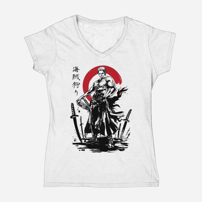 Pirate Hunter Swordsman Sumi-e-womens v-neck tee-DrMonekers