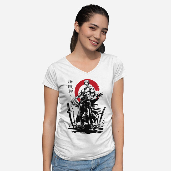 Pirate Hunter Swordsman Sumi-e-womens v-neck tee-DrMonekers