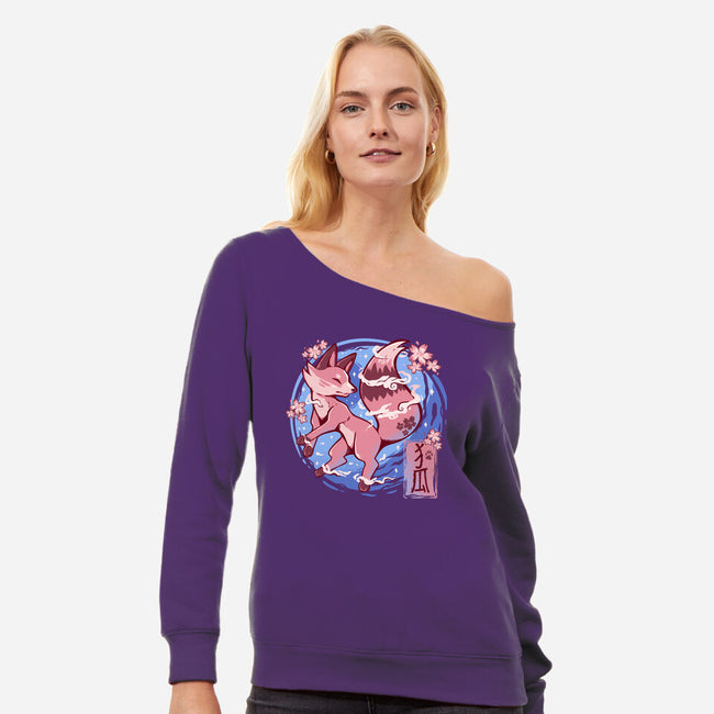 Sky Flower Fox-womens off shoulder sweatshirt-TechraNova