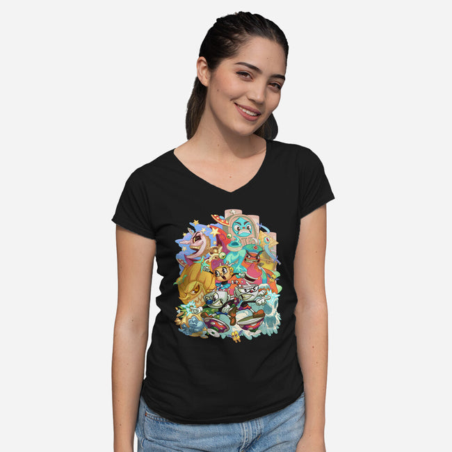 Cuphead Party-womens v-neck tee-Ca Mask