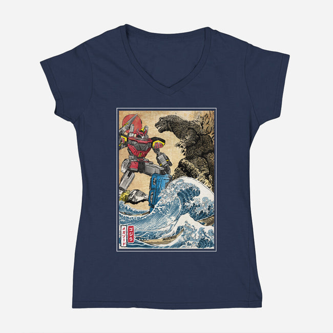 King Of The Monsters Vs Megazord-womens v-neck tee-DrMonekers
