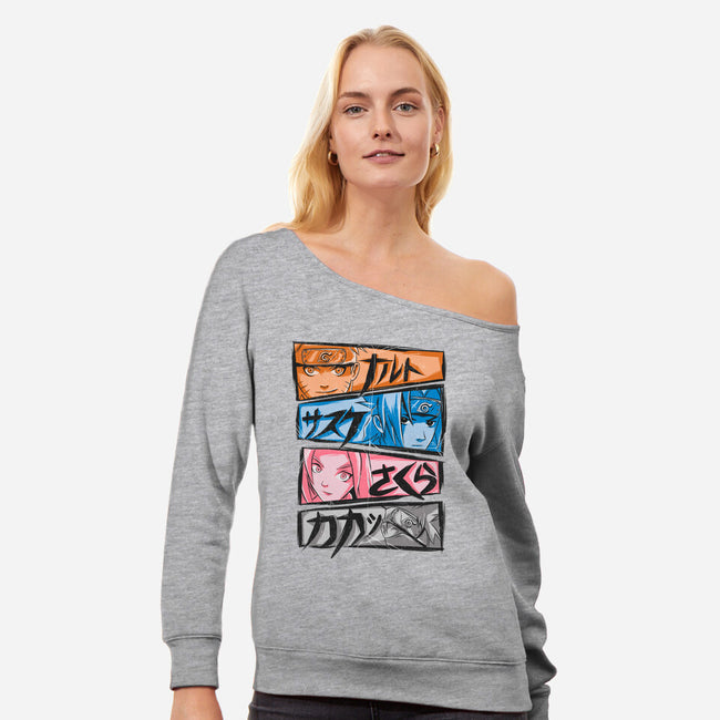 Ninja Faces-womens off shoulder sweatshirt-Conjura Geek