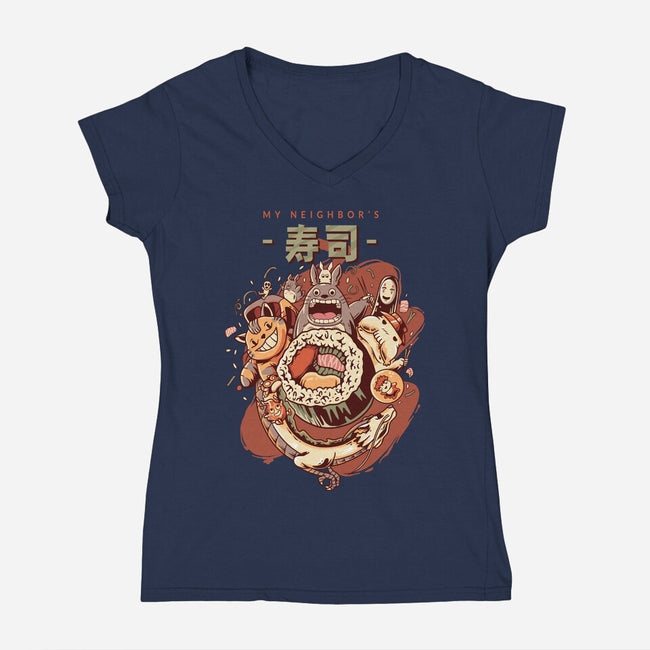 My Neighbor's Sushi Kawaii-womens v-neck tee-daizzystudio