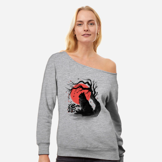 Black Cat Kanji-womens off shoulder sweatshirt-fanfabio