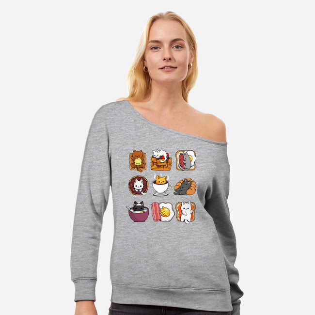 Breakfast Cats-womens off shoulder sweatshirt-Vallina84