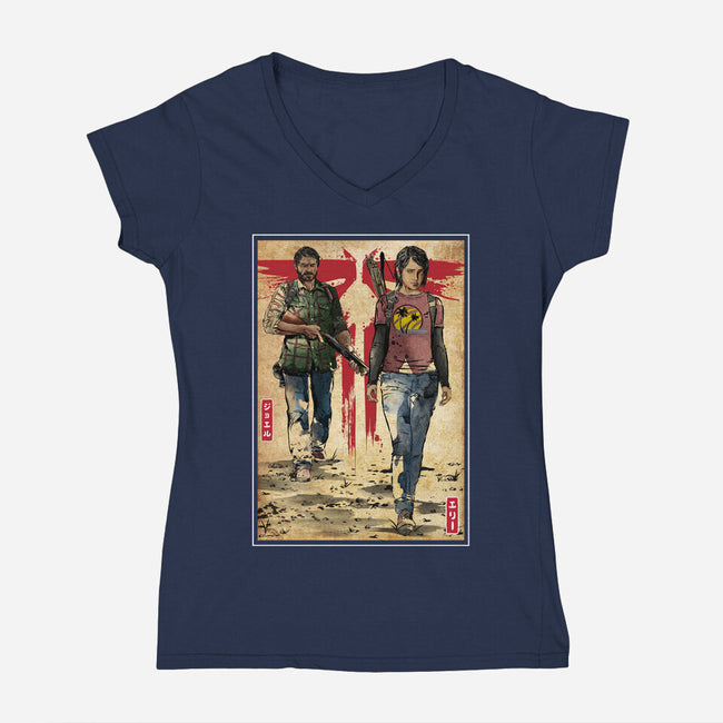 Joel And Ellie Woodblock-womens v-neck tee-DrMonekers