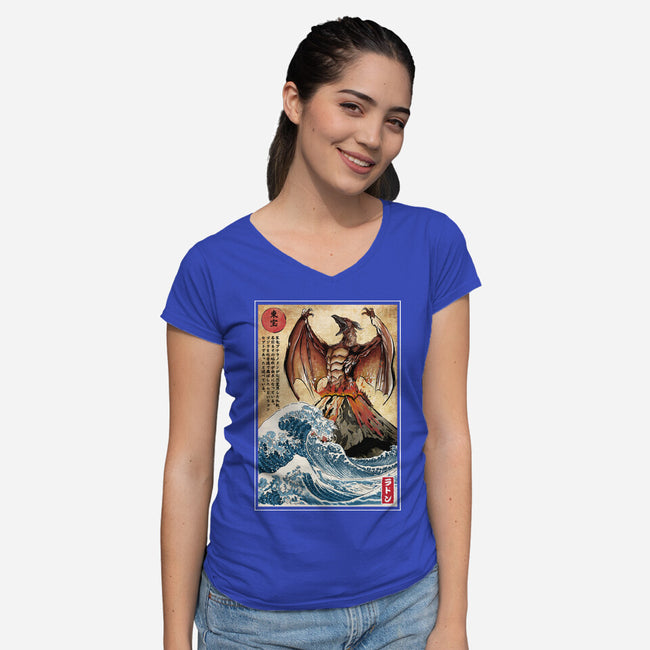 Fire Pteranodon In Japan-womens v-neck tee-DrMonekers