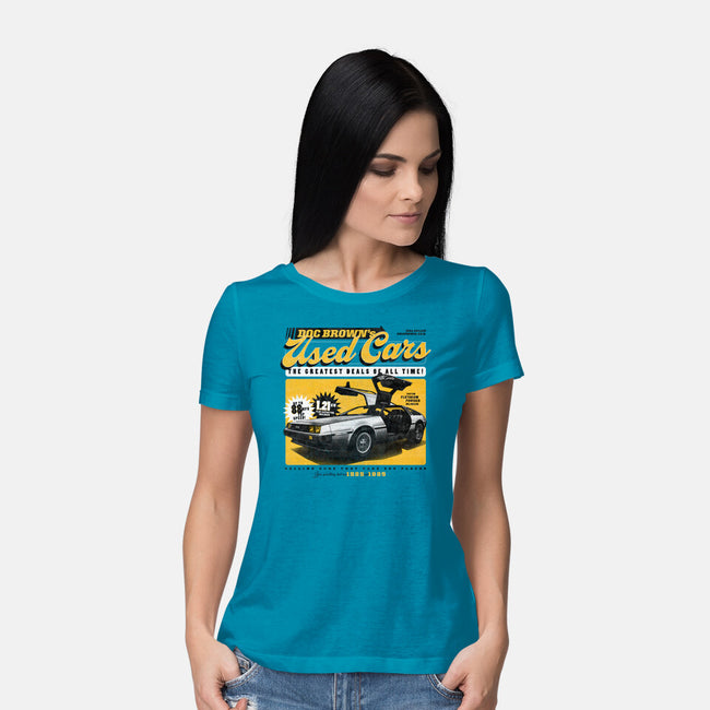 Doc Brown's Used Cars-womens basic tee-zawitees