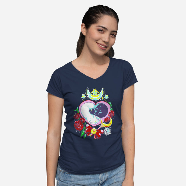 Moon Cats Love-womens v-neck tee-ellr