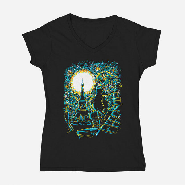 Starry Paris Cats-womens v-neck tee-ellr