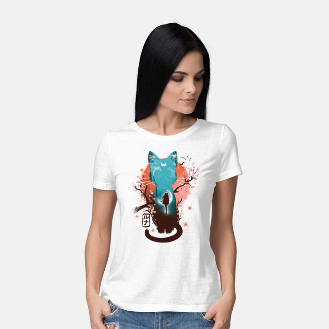Japanese Moon Cat-womens basic tee-IKILO