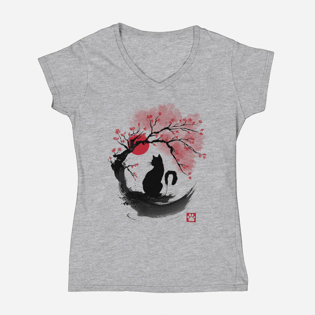 Sakura Cat Sumi-e-womens v-neck tee-DrMonekers