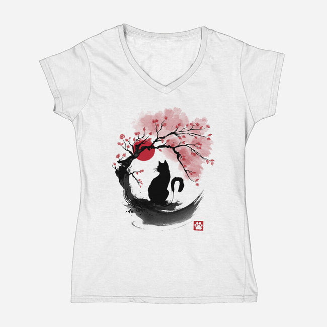Sakura Cat Sumi-e-womens v-neck tee-DrMonekers