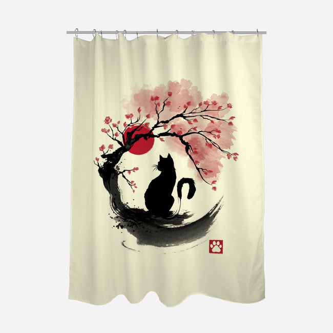 Sakura Cat Sumi-e-none polyester shower curtain-DrMonekers