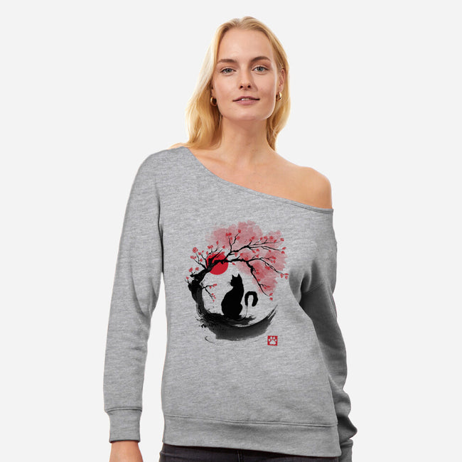 Sakura Cat Sumi-e-womens off shoulder sweatshirt-DrMonekers