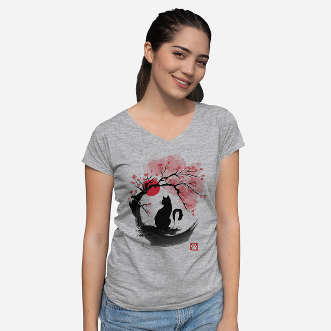 Sakura Cat Sumi-e-womens v-neck tee-DrMonekers