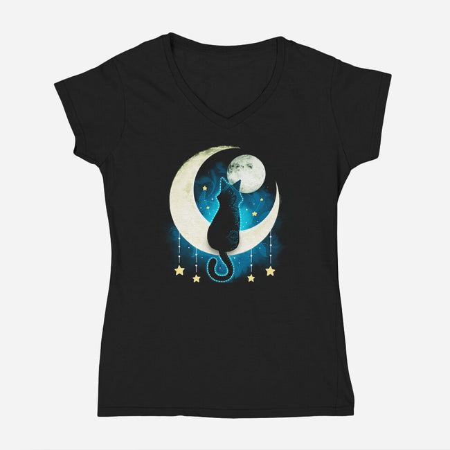Black Moon Cat-womens v-neck tee-Vallina84