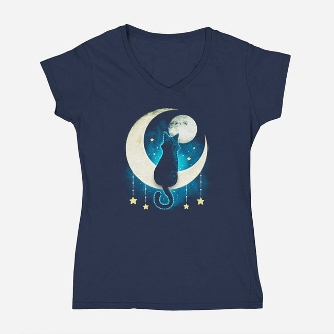 Black Moon Cat-womens v-neck tee-Vallina84