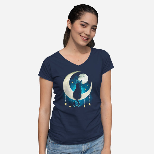 Black Moon Cat-womens v-neck tee-Vallina84