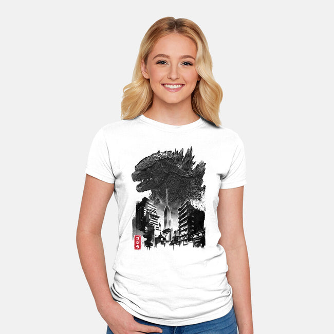 Godzilla Sumi-e-womens fitted tee-DrMonekers