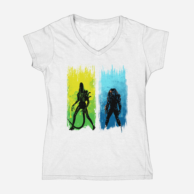 Xenomorph Vs Yautja-womens v-neck tee-IKILO