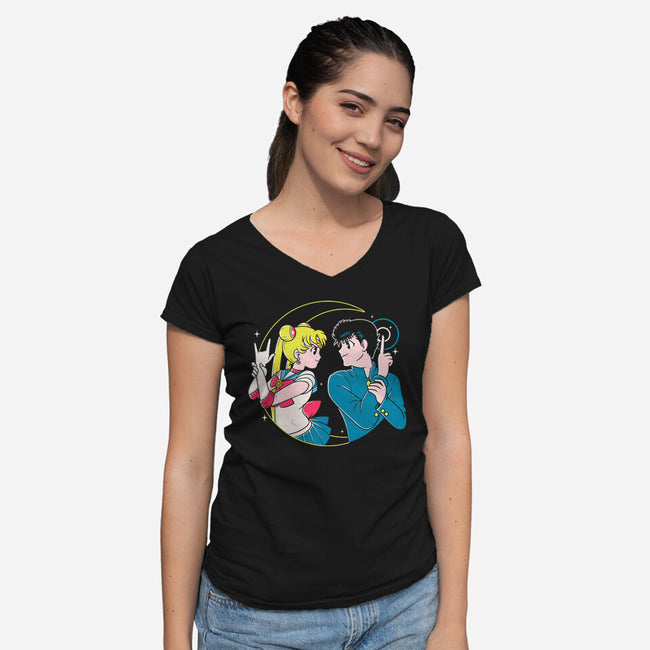 Retro Anime Battle-womens v-neck tee-Eoli Studio