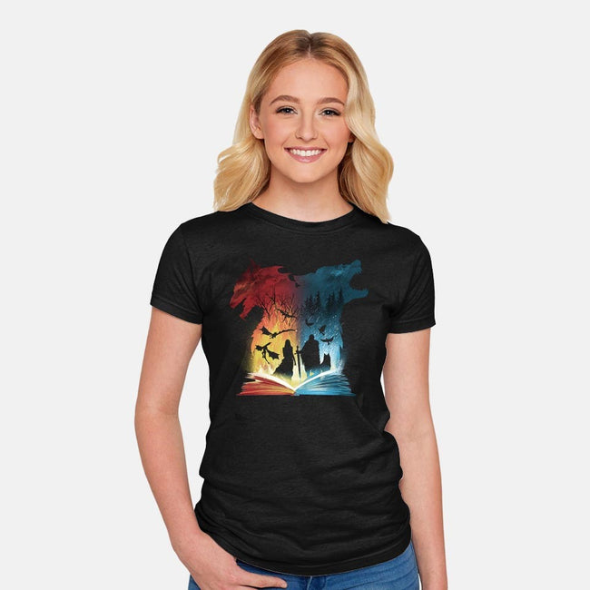 Book of Fire and Ice-womens fitted tee-dandingeroz
